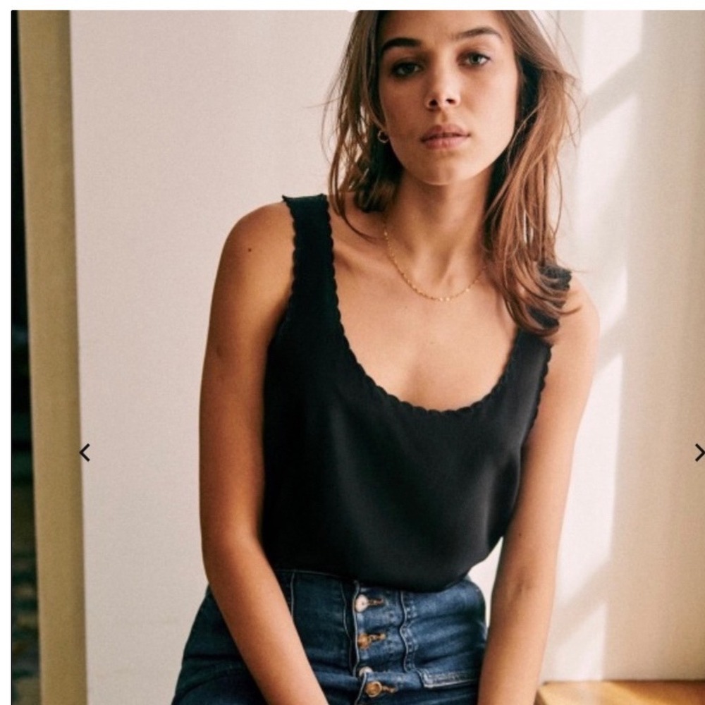Sezane Black Lucie 100% Silk Scalloped Trim Tank Top Cami Size 42 EU 10 US